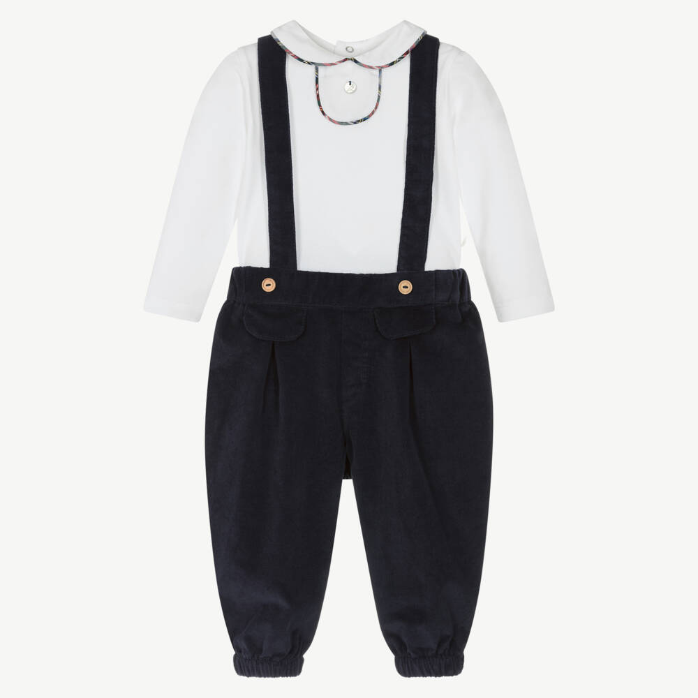 Pureté Du... Bébé-Baby Boys Navy Blue & White Cotton & Corduroy Trouser Set | Childrensalon Outlet