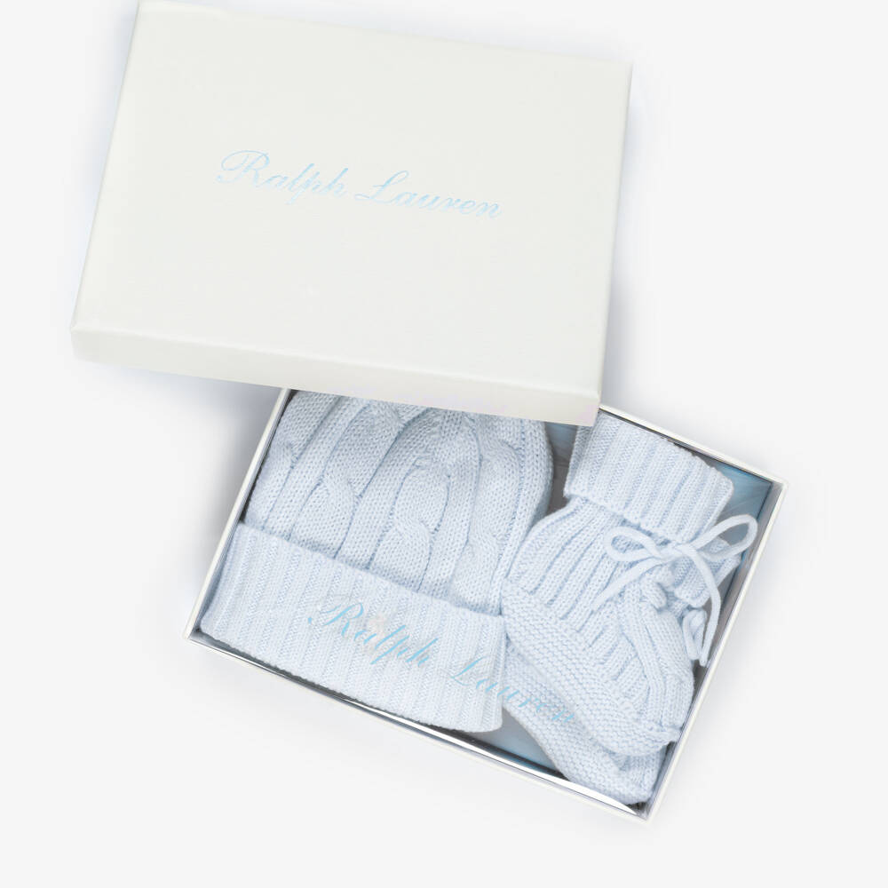 Ralph Lauren-Baby Boys Pale Blue Cotton Cable Knit Hat & Booties Set | Childrensalon Outlet