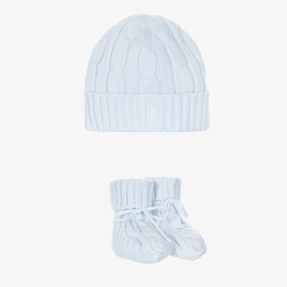 Ralph Lauren-Baby Boys Pale Blue Cotton Cable Knit Hat & Booties Set | Childrensalon Outlet