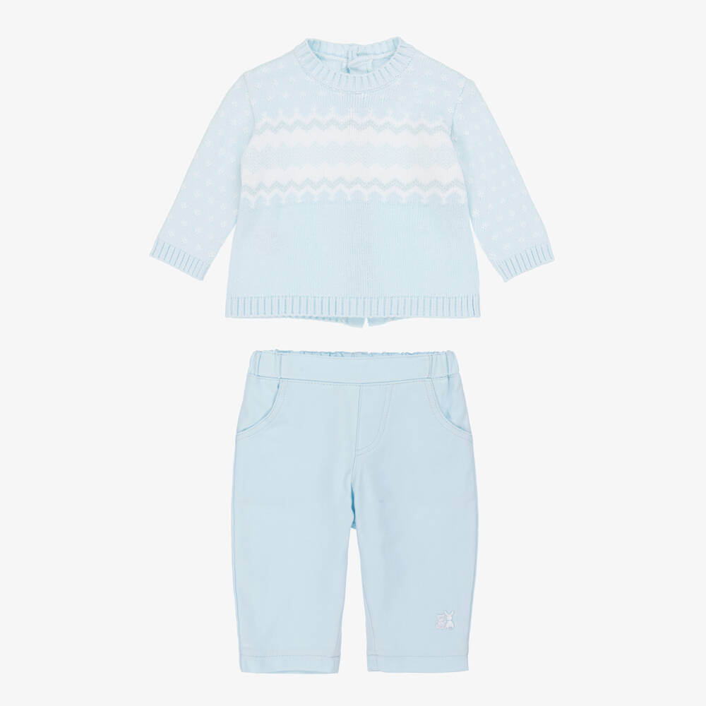Emile et Rose-Baby Boys Pale Blue Cotton Fair Isle Sweater & Trouser Set | Childrensalon Outlet
