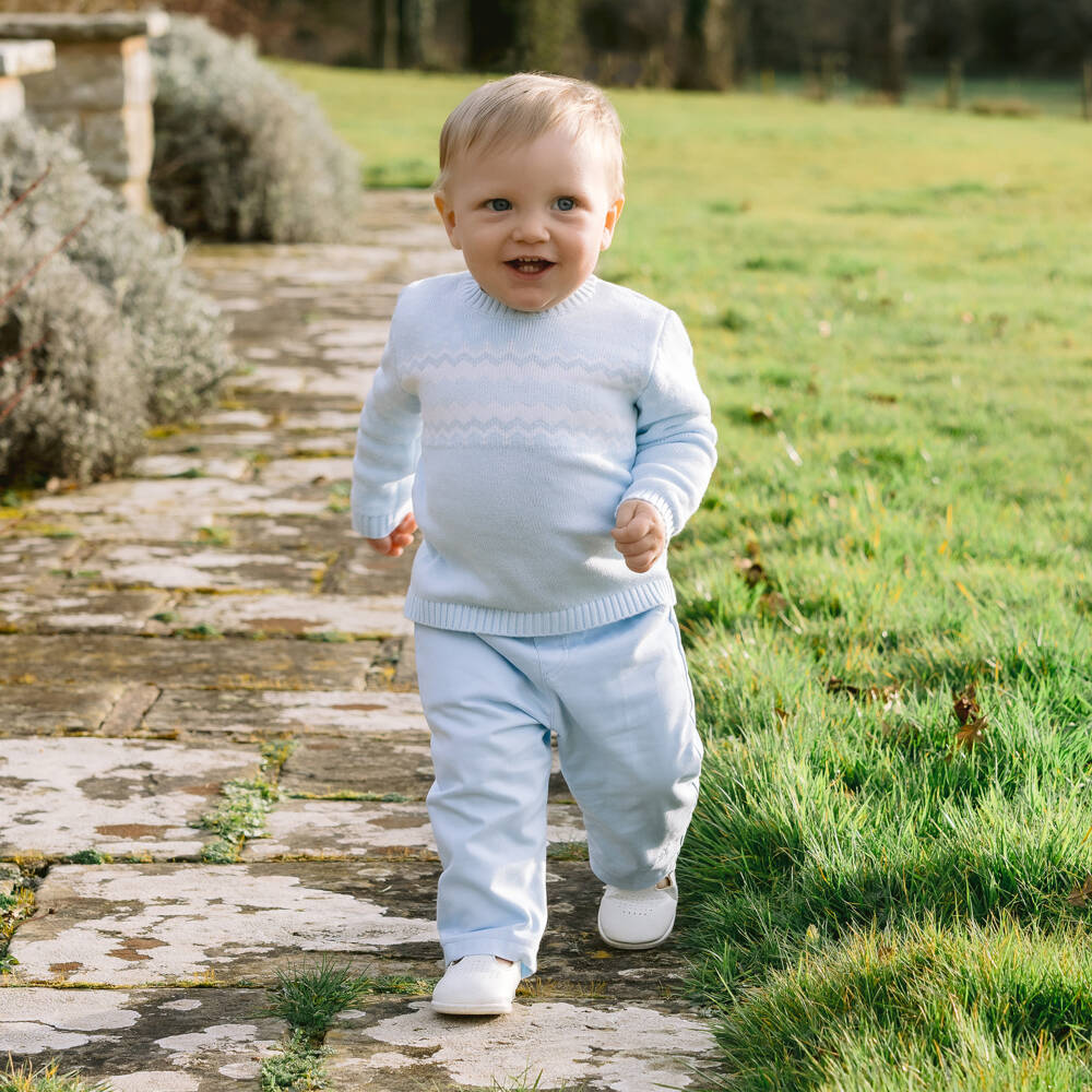 Emile et Rose-Baby Boys Pale Blue Cotton Fair Isle Sweater & Trouser Set | Childrensalon Outlet
