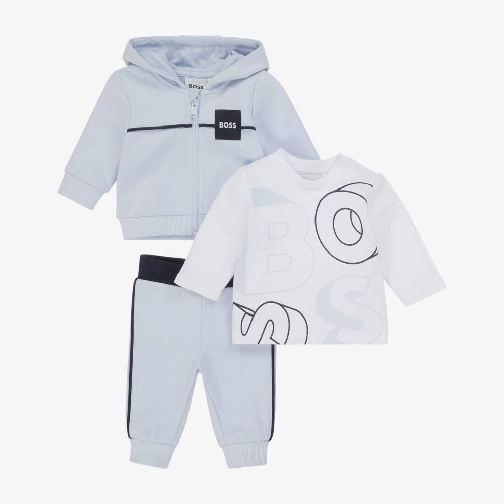 BOSS-Baby Boys Pale Blue Cotton Tracksuit Set | Childrensalon Outlet