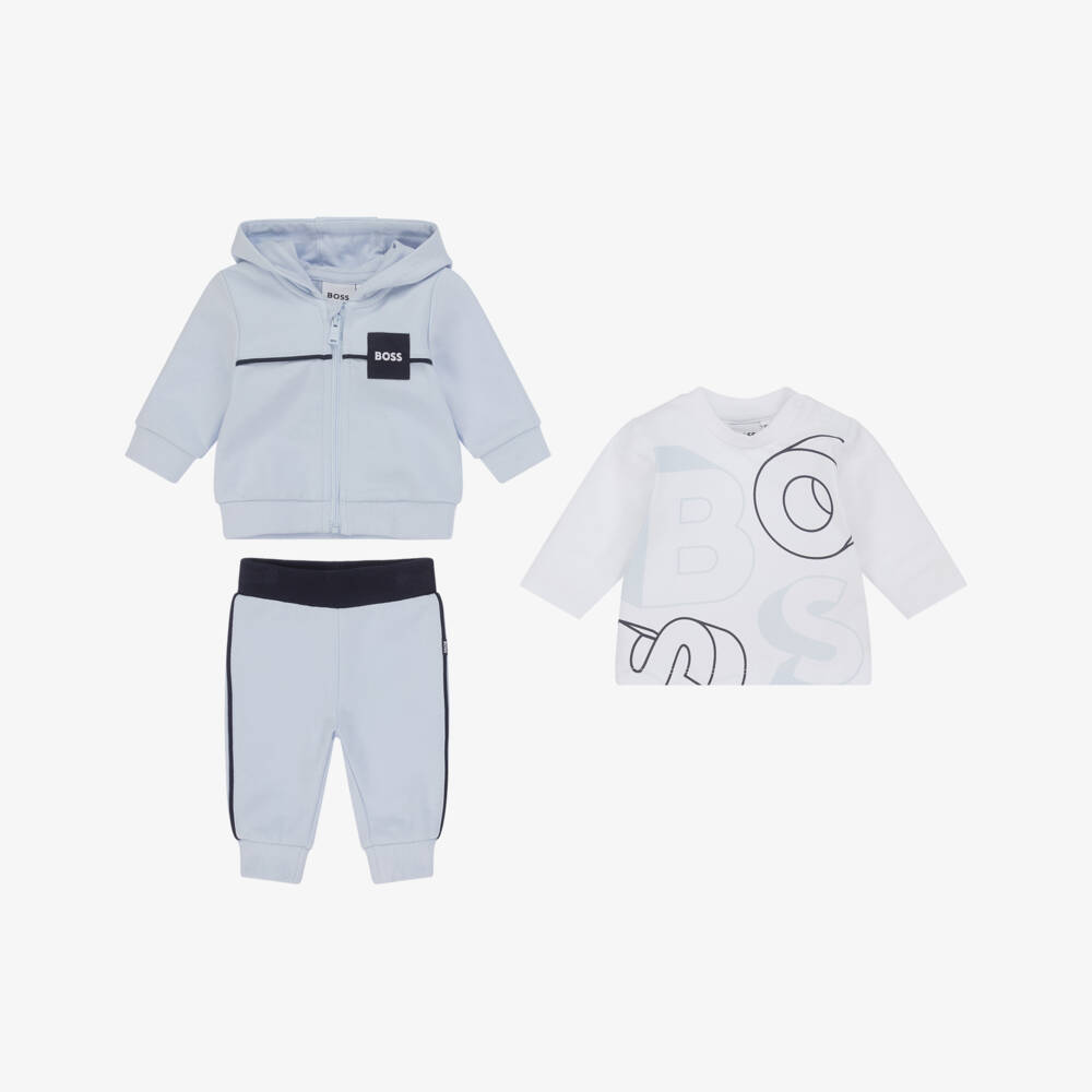 BOSS-Baby Boys Pale Blue Cotton Tracksuit Set | Childrensalon Outlet