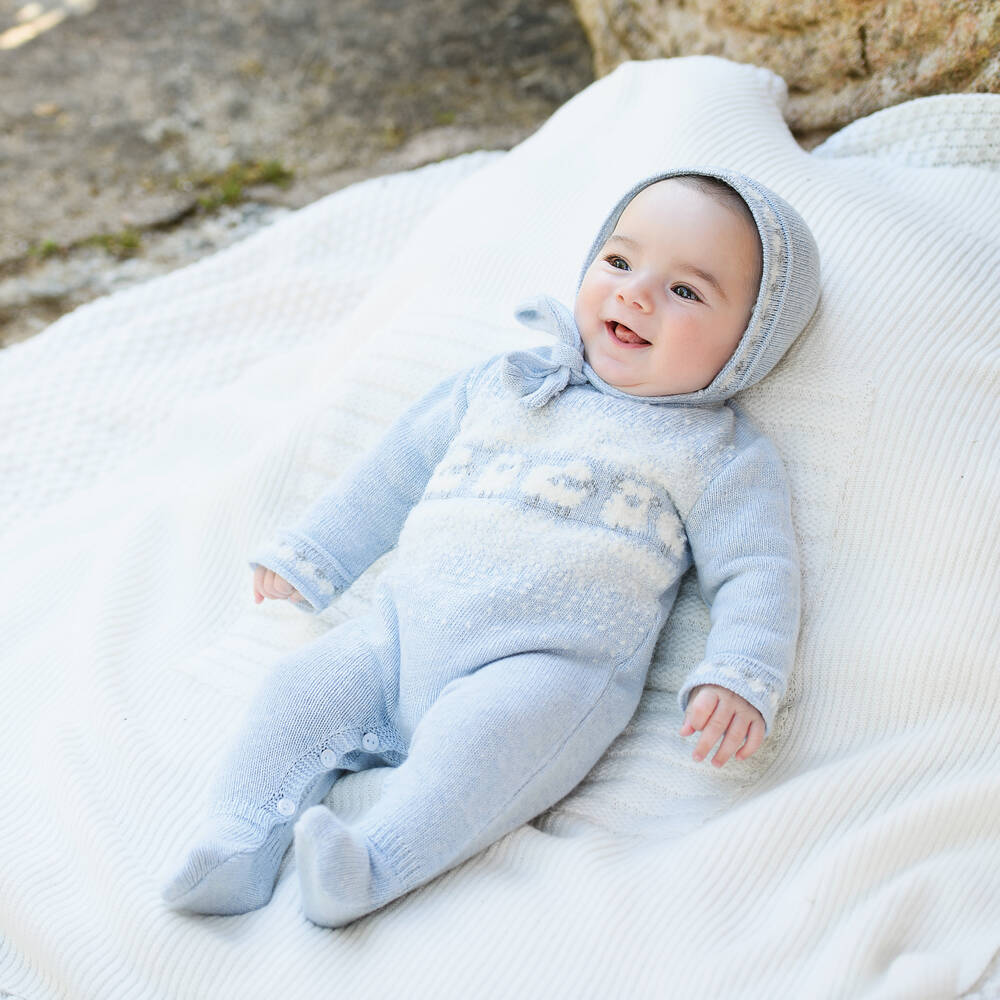 Foque-Baby Boys Pale Blue Wool Knit Lamb Babygrow | Childrensalon Outlet