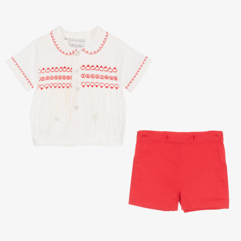 Rachel Riley-Baby Boys Red Smocked Buster Suit | Childrensalon Outlet