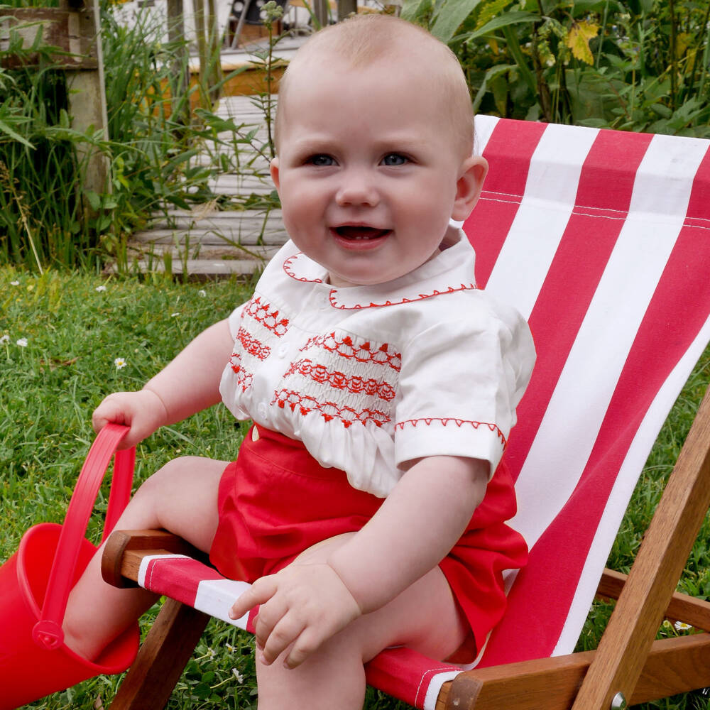 Rachel Riley-Baby Boys Red Smocked Buster Suit | Childrensalon Outlet