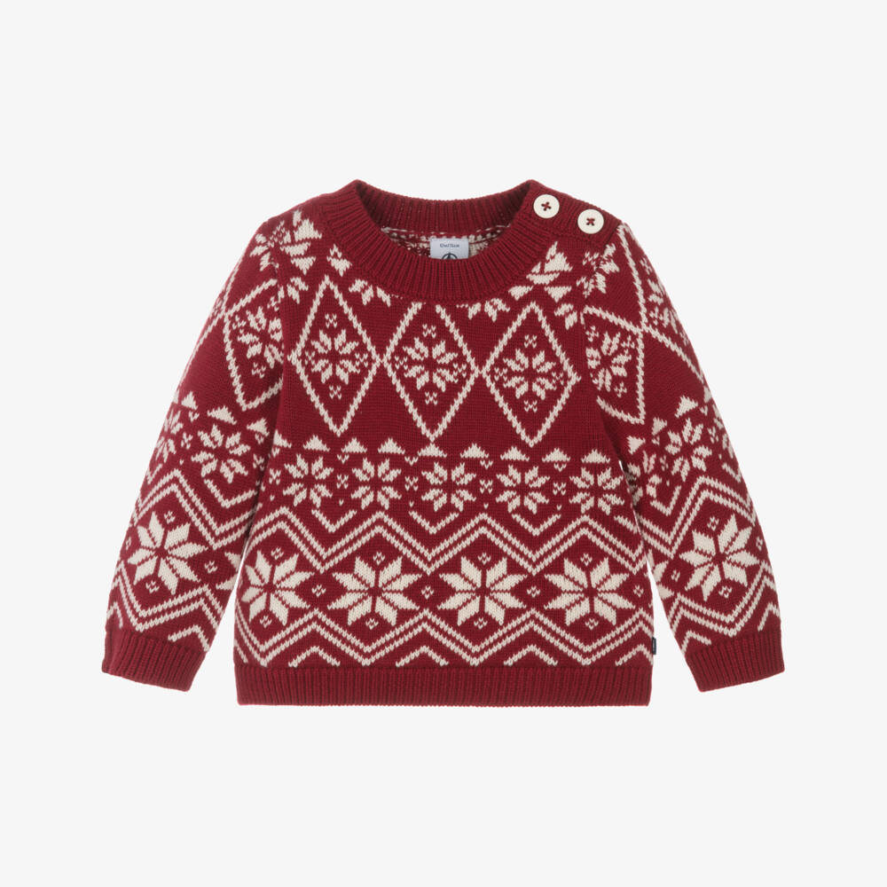 Petit Bateau-Baby Boys Red Wool & Cotton Knit Festive Fair Isle Sweater | Childrensalon Outlet