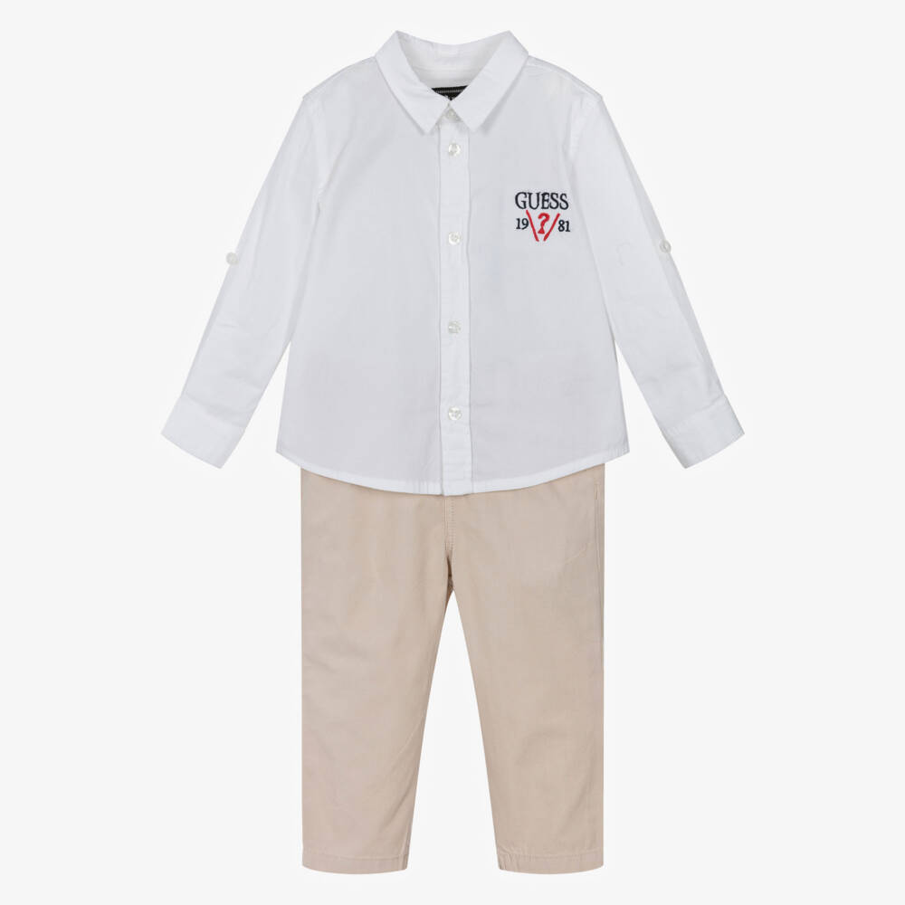 Guess-Baby Boys White & Beige Shirt & Trouser Set | Childrensalon Outlet