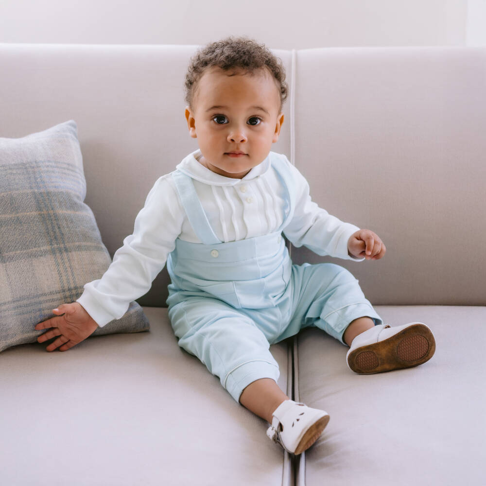 Emile et Rose-Baby Boys White & Blue Cotton Dungaree Romper | Childrensalon Outlet