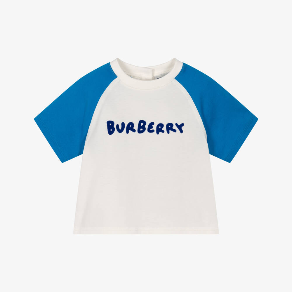 Burberry-Baby Boys White & Blue Cotton T-Shirt with Flocked Logo | Childrensalon Outlet