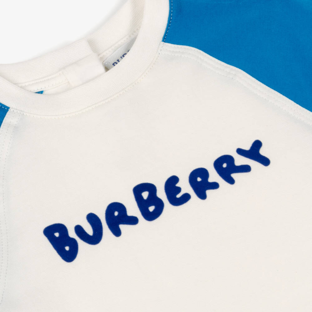 Burberry-Baby Boys White & Blue Cotton T-Shirt with Flocked Logo | Childrensalon Outlet