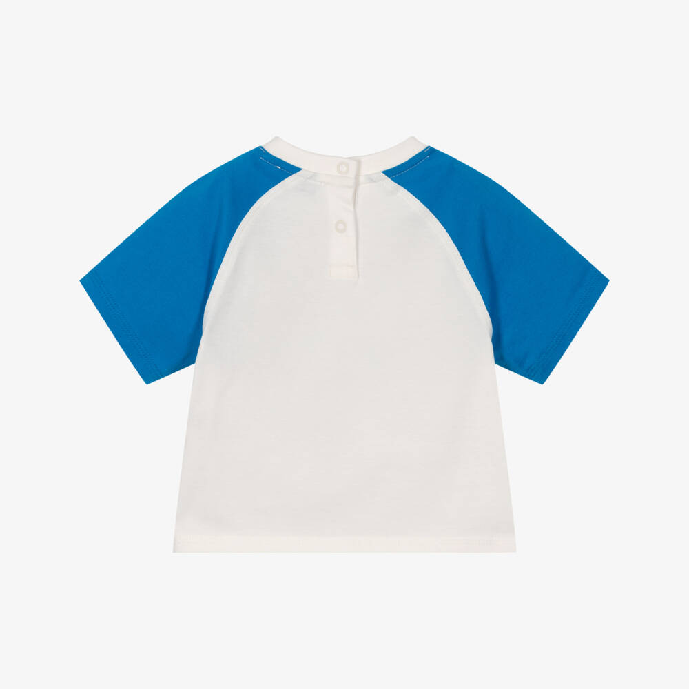 Burberry-Baby Boys White & Blue Cotton T-Shirt with Flocked Logo | Childrensalon Outlet