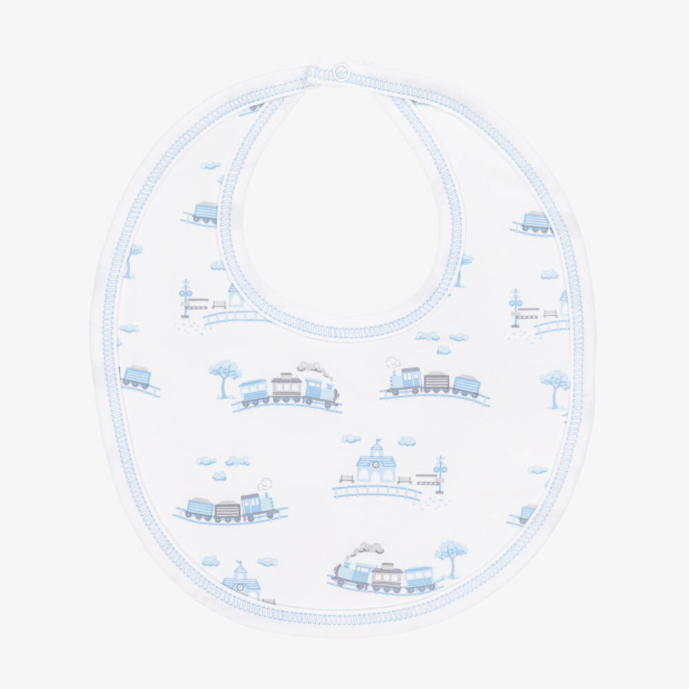 Kissy Kissy-Baby Boys White & Blue Pima Cotton Roundabout Railroad Bib | Childrensalon Outlet