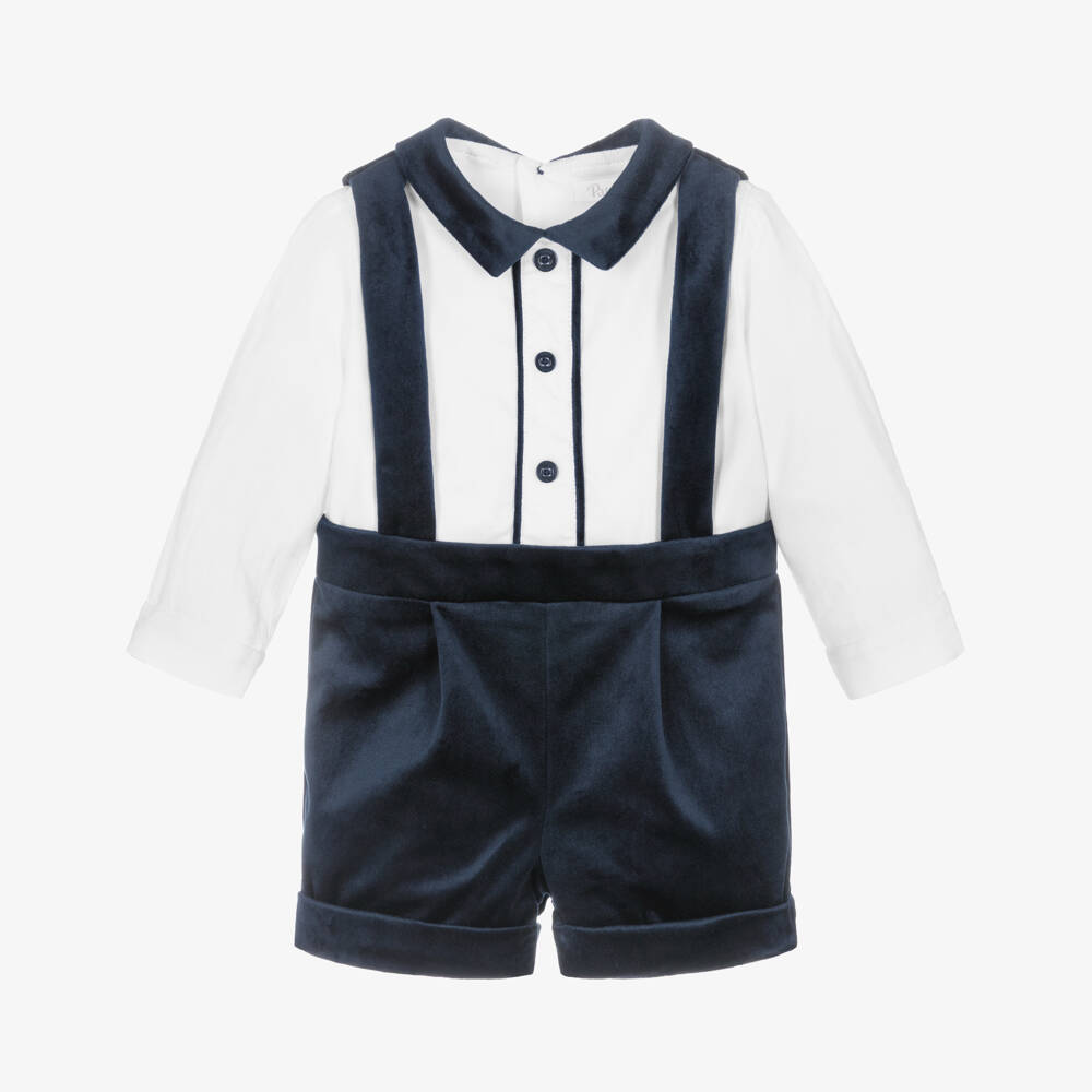 Patachou-Baby Boys White Cotton & Navy Blue Velvet Shortie | Childrensalon Outlet