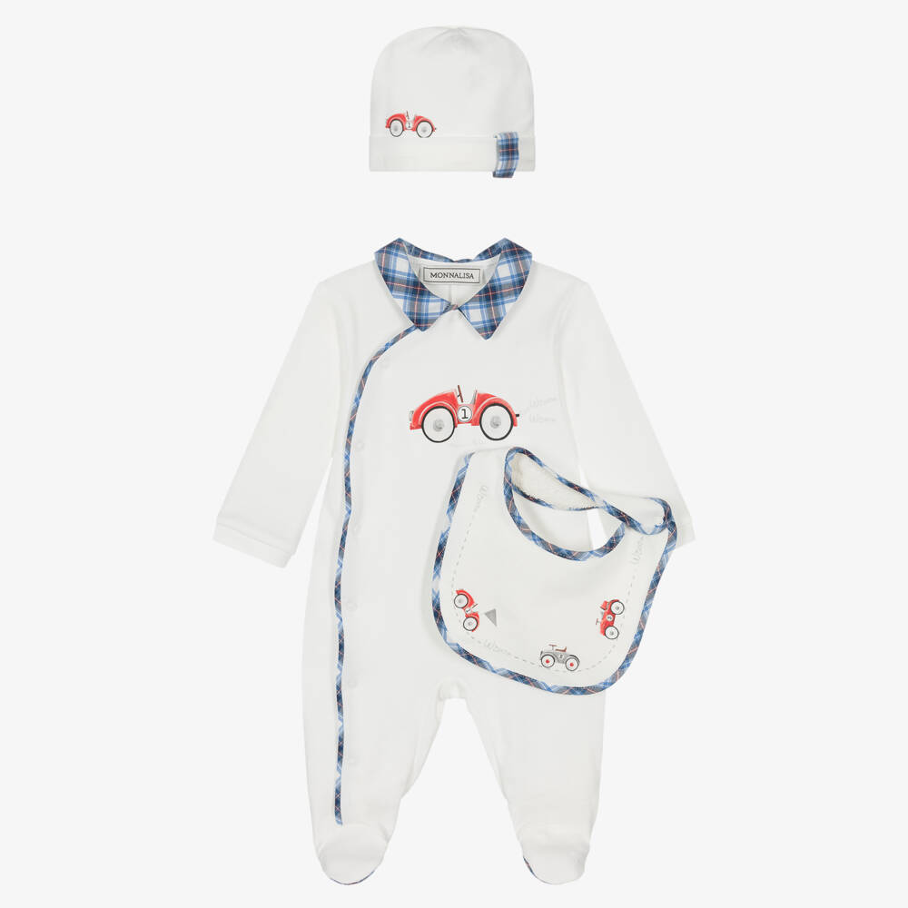 Monnalisa-Baby Boys White Cotton Racing Car Babygrow Set | Childrensalon Outlet