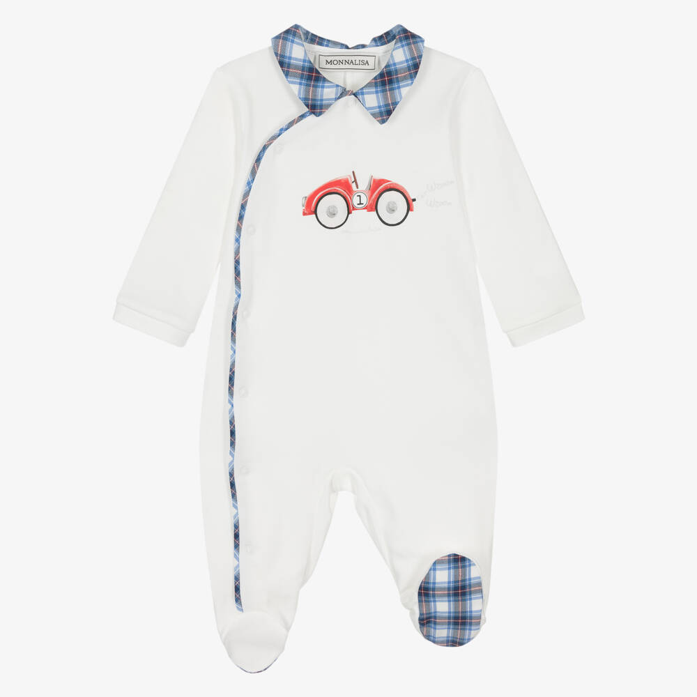 Monnalisa-Baby Boys White Cotton Racing Car Babygrow Set | Childrensalon Outlet