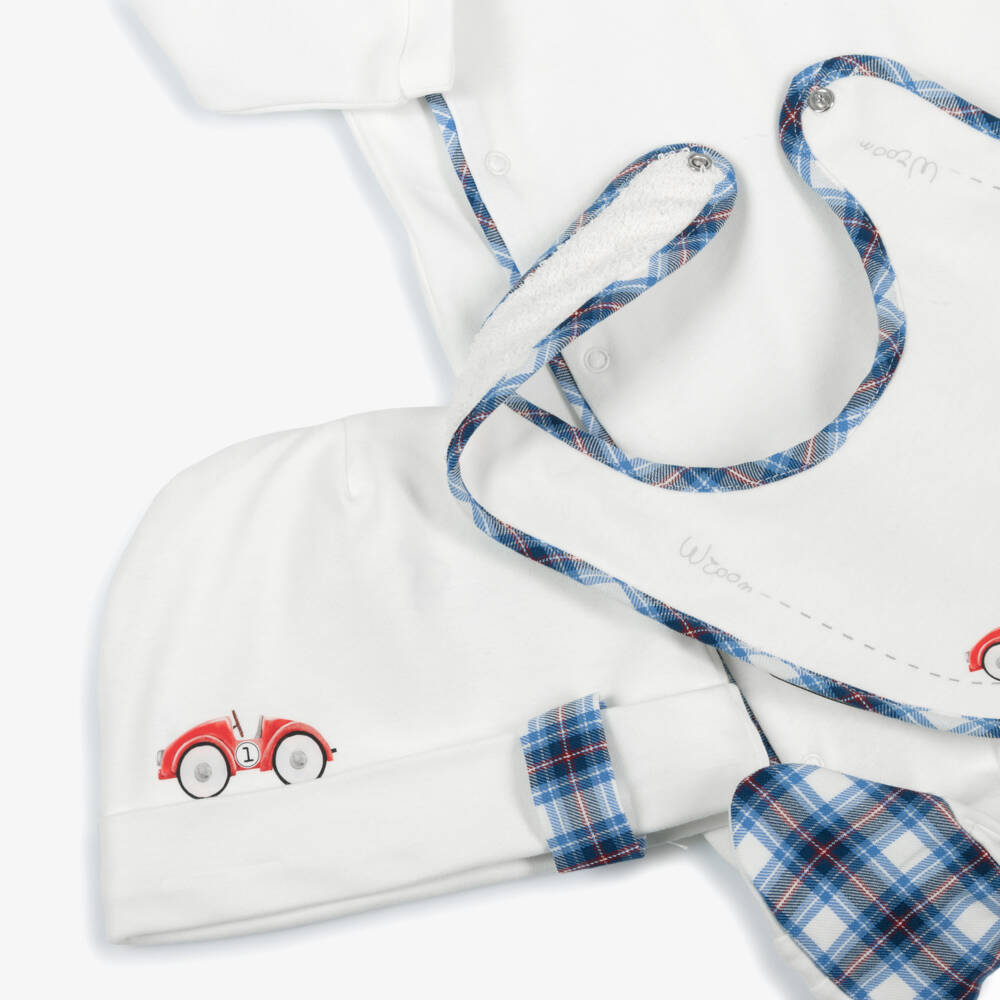 Monnalisa-Baby Boys White Cotton Racing Car Babygrow Set | Childrensalon Outlet