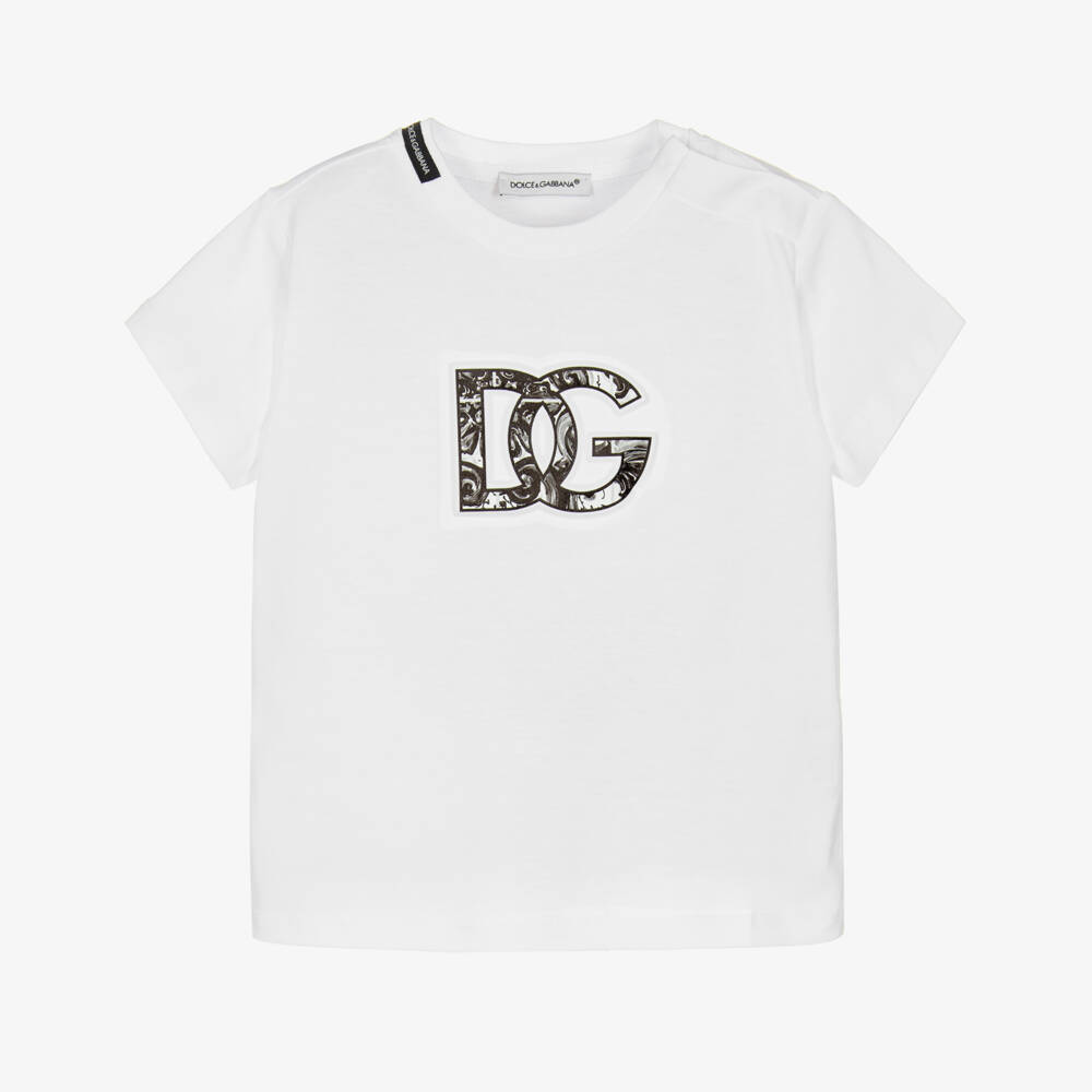 Dolce & Gabbana-Baby Boys White Cotton T-Shirt with Black Majolica DG Logo | Childrensalon Outlet
