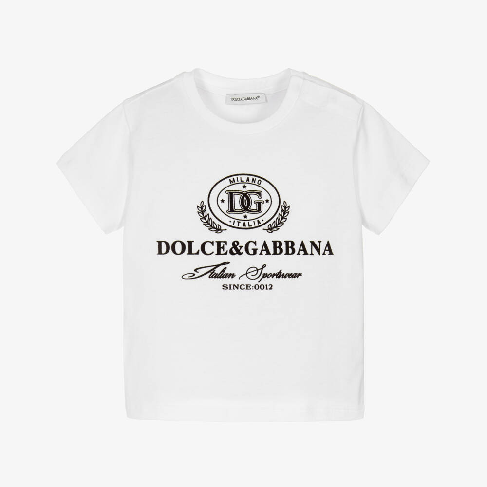Dolce & Gabbana-Baby Boys White Cotton T-Shirt with Flocked Logo | Childrensalon Outlet