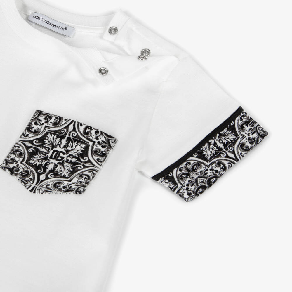 Dolce & Gabbana-Baby Boys White Cotton T-Shirt With Majolica Print | Childrensalon Outlet