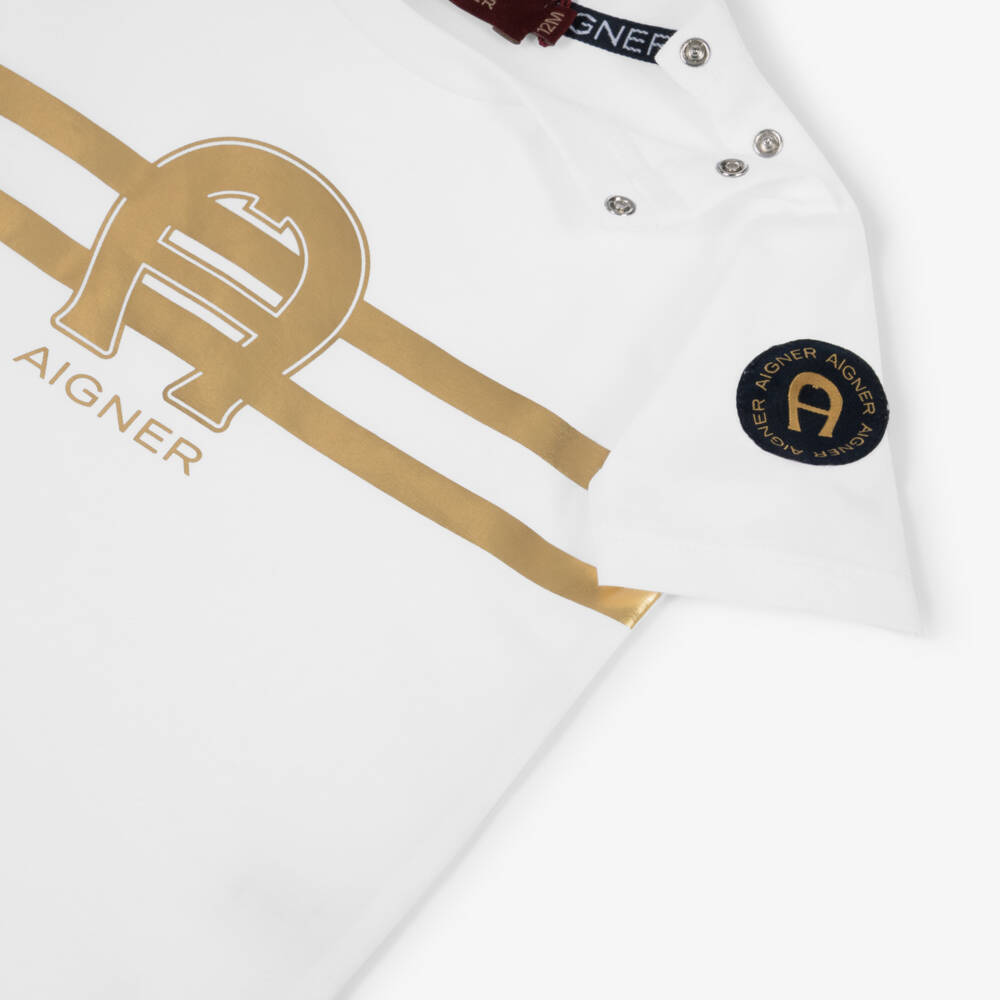 AIGNER-Baby Boys White & Gold Horseshoe Logo T-Shirt | Childrensalon Outlet
