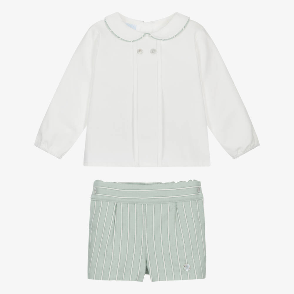 Artesanía Granlei-Baby Boys White & Green Striped Shorts Set | Childrensalon Outlet
