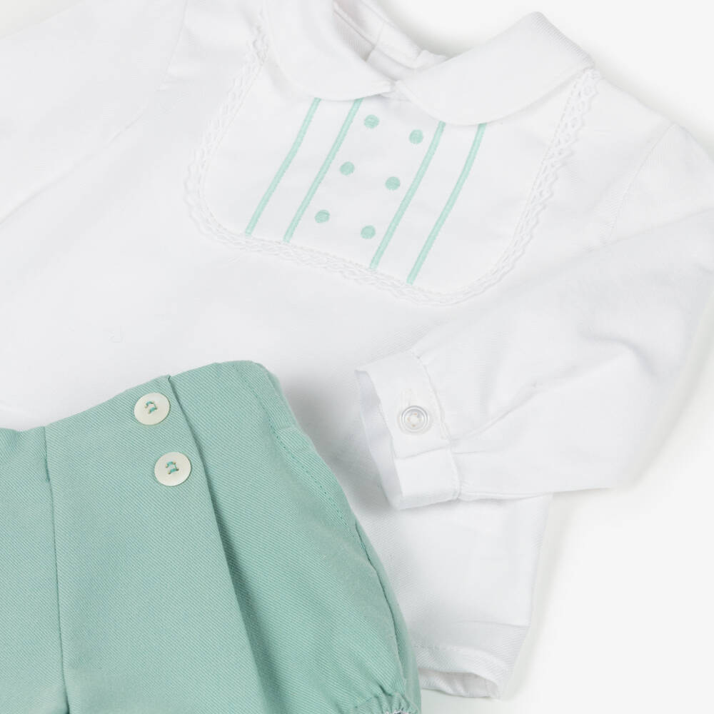 Miranda-Baby Boys White & Green Twill Shorts Set | Childrensalon Outlet
