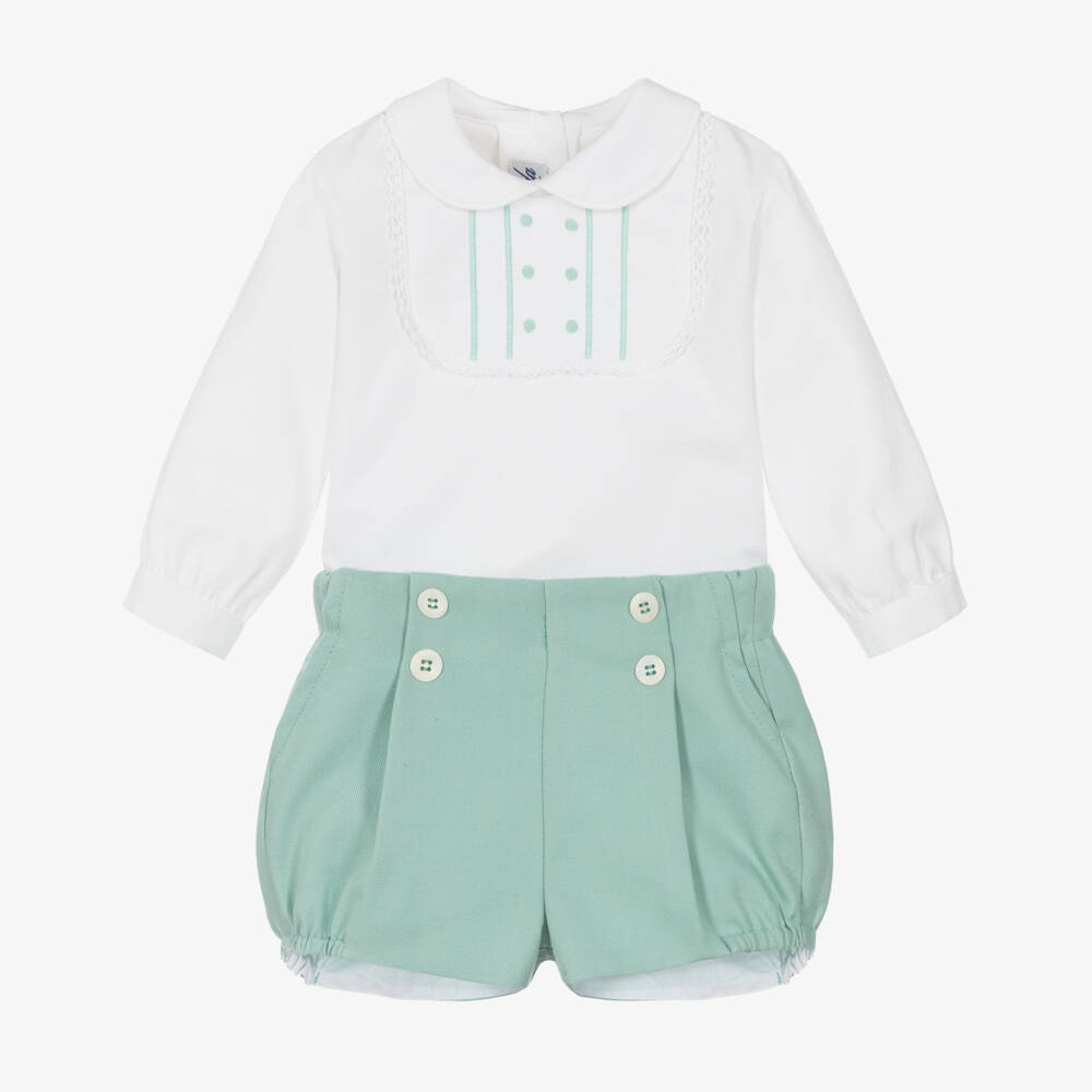 Miranda-Baby Boys White & Green Twill Shorts Set | Childrensalon Outlet