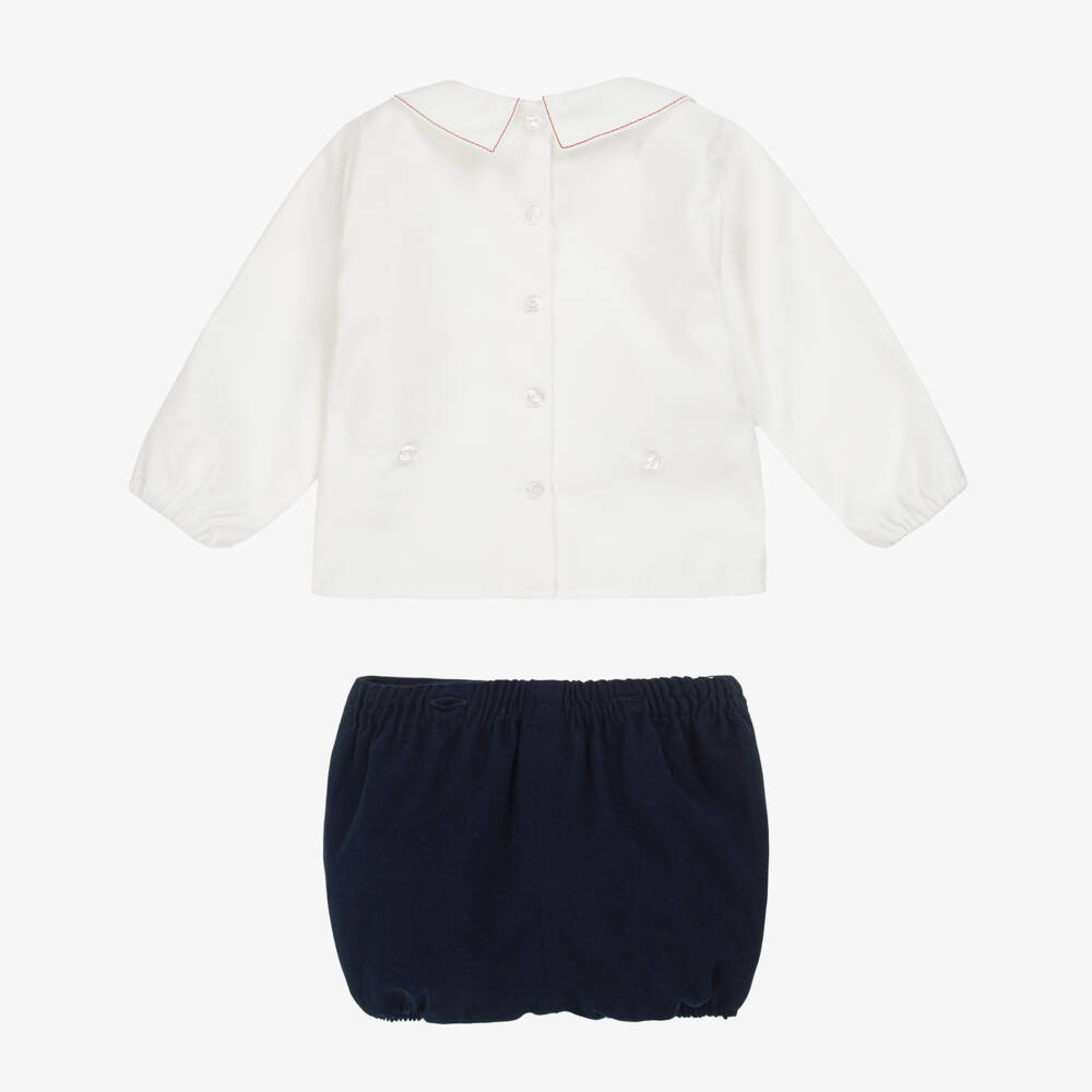 Artesanía Granlei-Baby Boys White & Navy Blue Cotton Buster Suit | Childrensalon Outlet