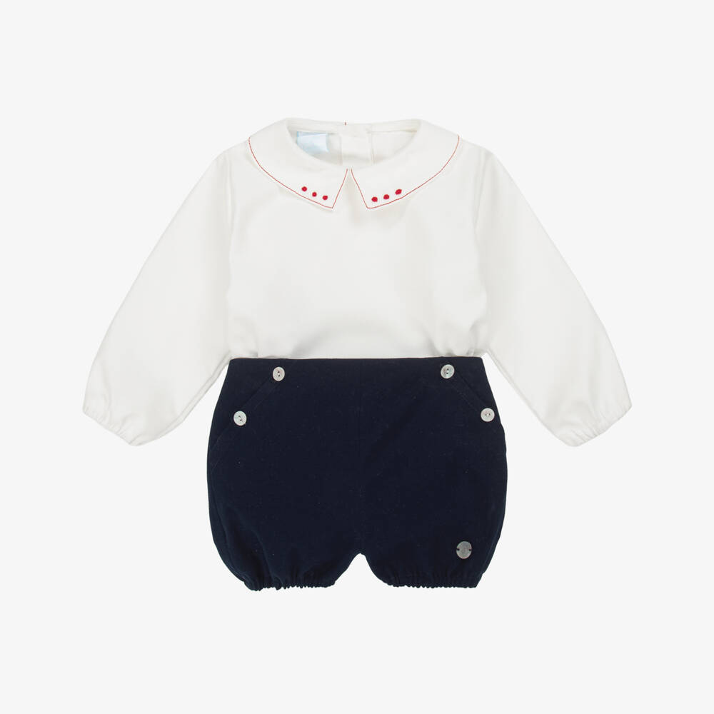 Artesanía Granlei-Baby Boys White & Navy Blue Cotton Buster Suit | Childrensalon Outlet