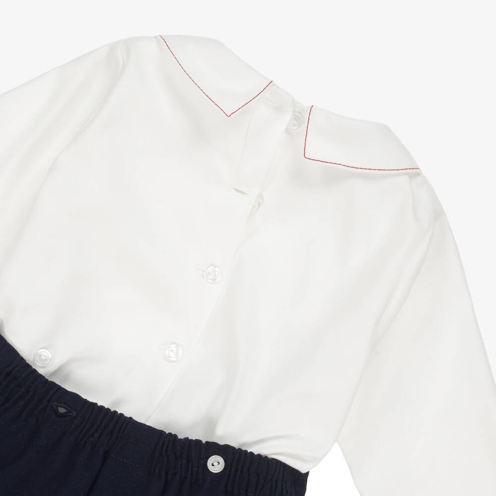 Artesanía Granlei-Baby Boys White & Navy Blue Cotton Buster Suit | Childrensalon Outlet