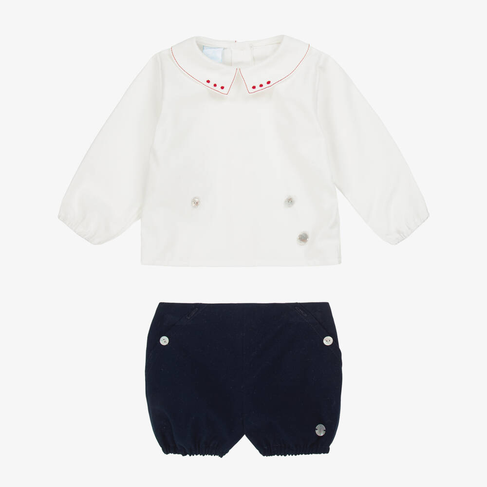 Artesanía Granlei-Baby Boys White & Navy Blue Cotton Buster Suit | Childrensalon Outlet