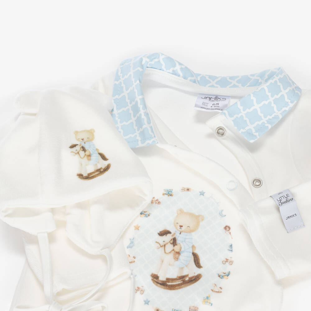 Jamiks-Baby Boys White Velour Teddy & Rocking Horse Babygrow Set | Childrensalon Outlet