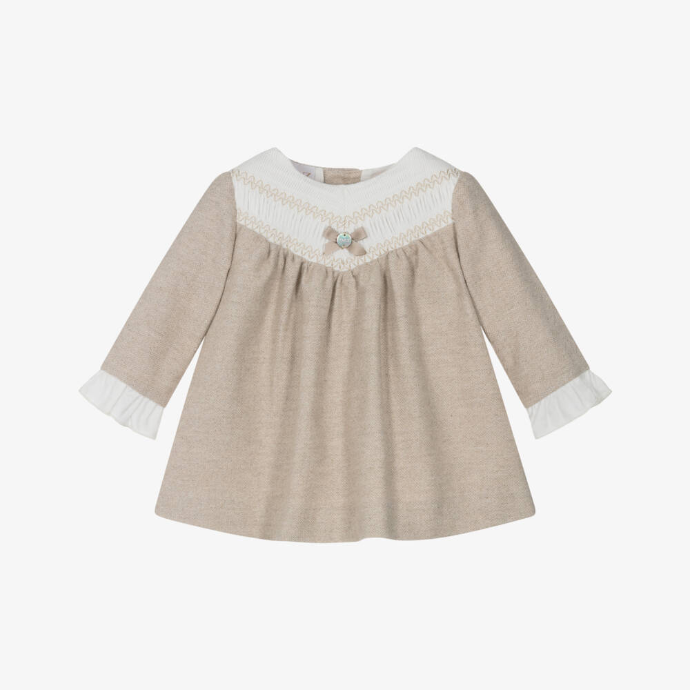 PAZ Rodríguez-Baby Girls Beige Brushed Cotton Smocked Dress | Childrensalon Outlet
