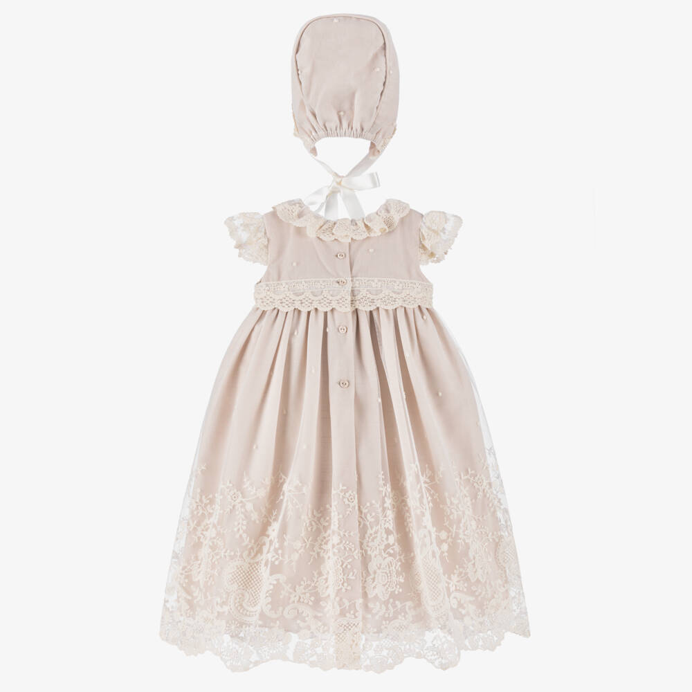 Artesanía Granlei-Baby Girls Beige Ceremony Dress & Bonnet Set | Childrensalon Outlet