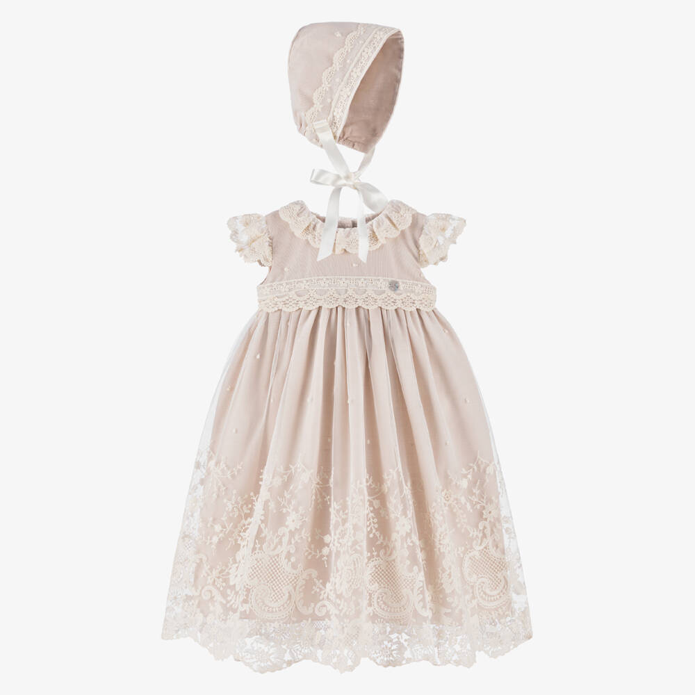 Artesanía Granlei-Baby Girls Beige Ceremony Dress & Bonnet Set | Childrensalon Outlet
