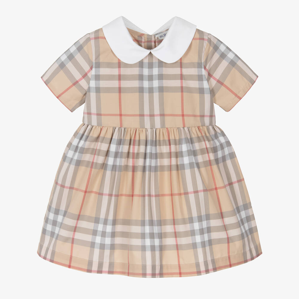 Burberry-Baby Girls Beige Check Cotton Dress with White Collar | Childrensalon Outlet
