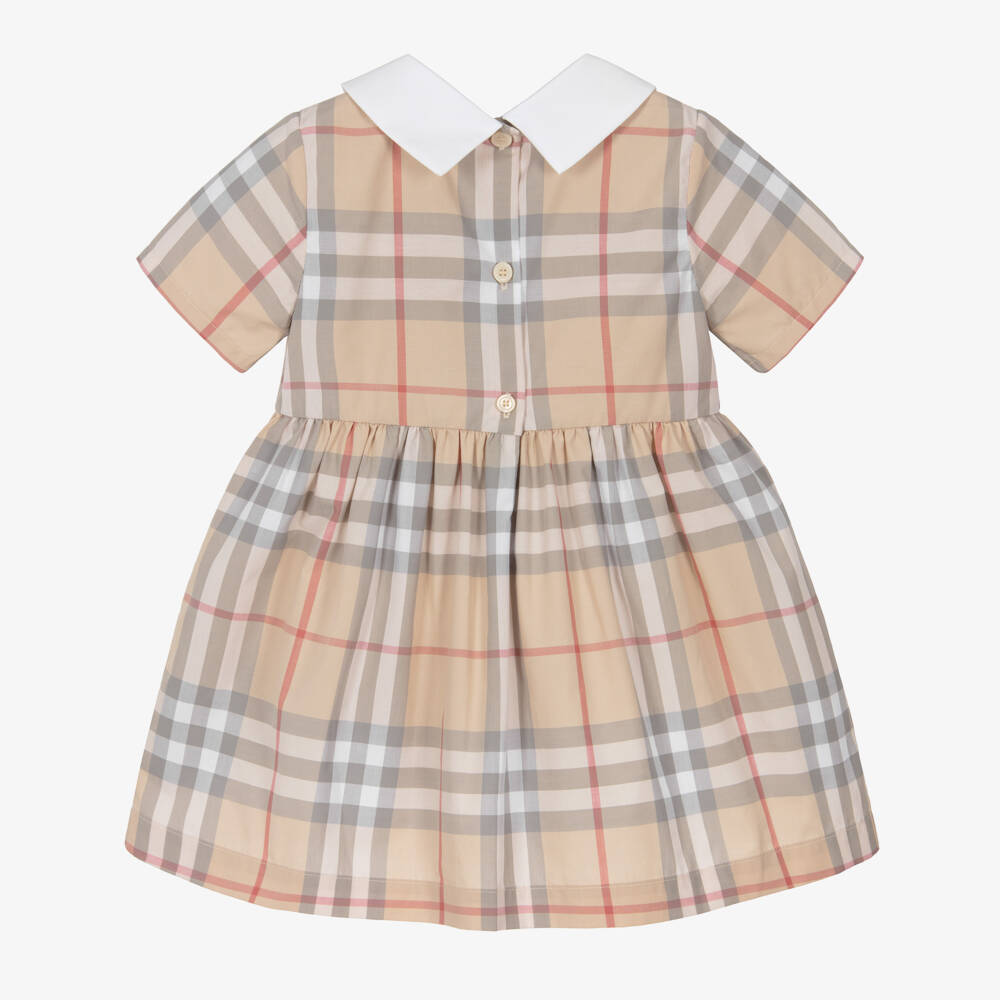 Burberry-Baby Girls Beige Check Cotton Dress with White Collar | Childrensalon Outlet