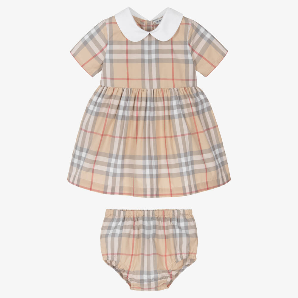 Burberry-Baby Girls Beige Check Cotton Dress with White Collar | Childrensalon Outlet