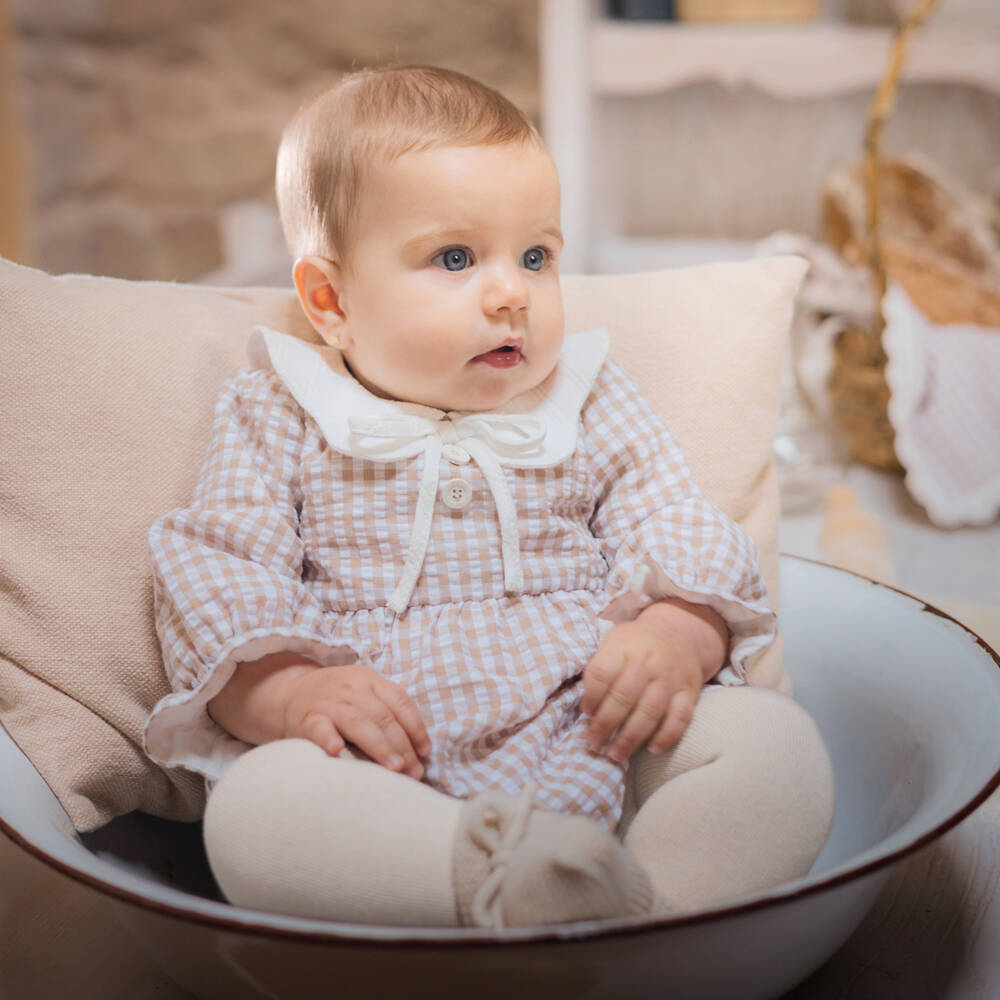 PAZ Rodríguez-Baby Girls Beige Check Seersucker Shortie Set | Childrensalon Outlet