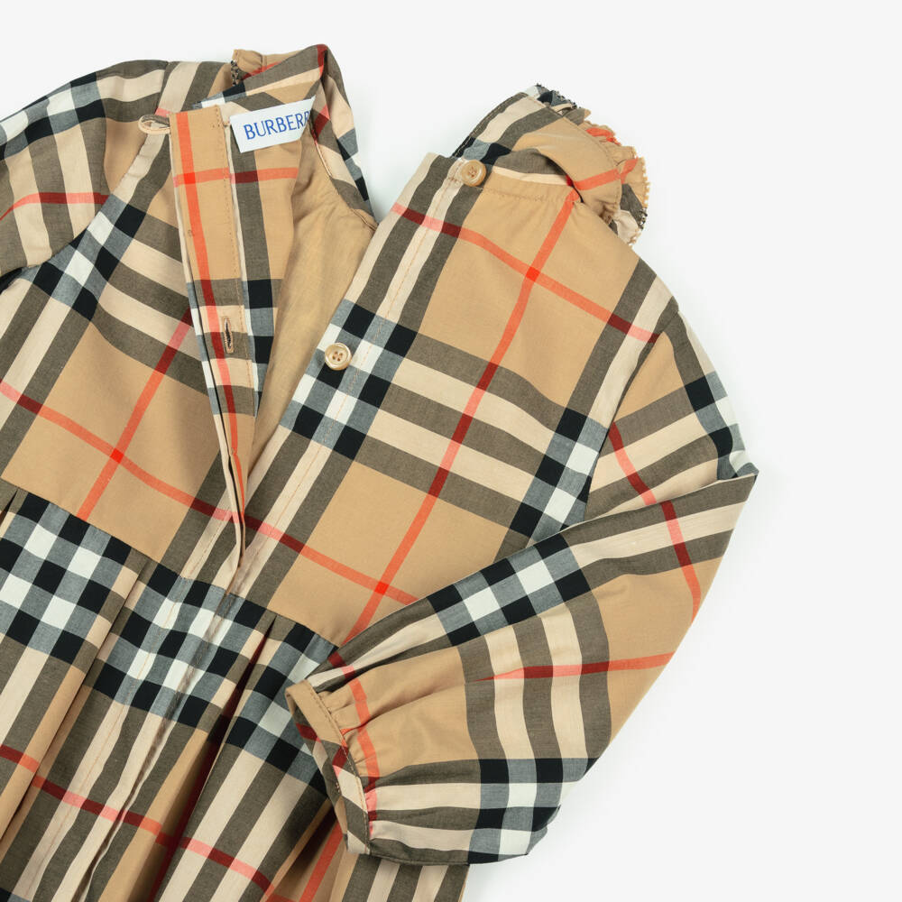 Burberry-Baby Girls Beige Check Shirred Cotton Dress | Childrensalon Outlet
