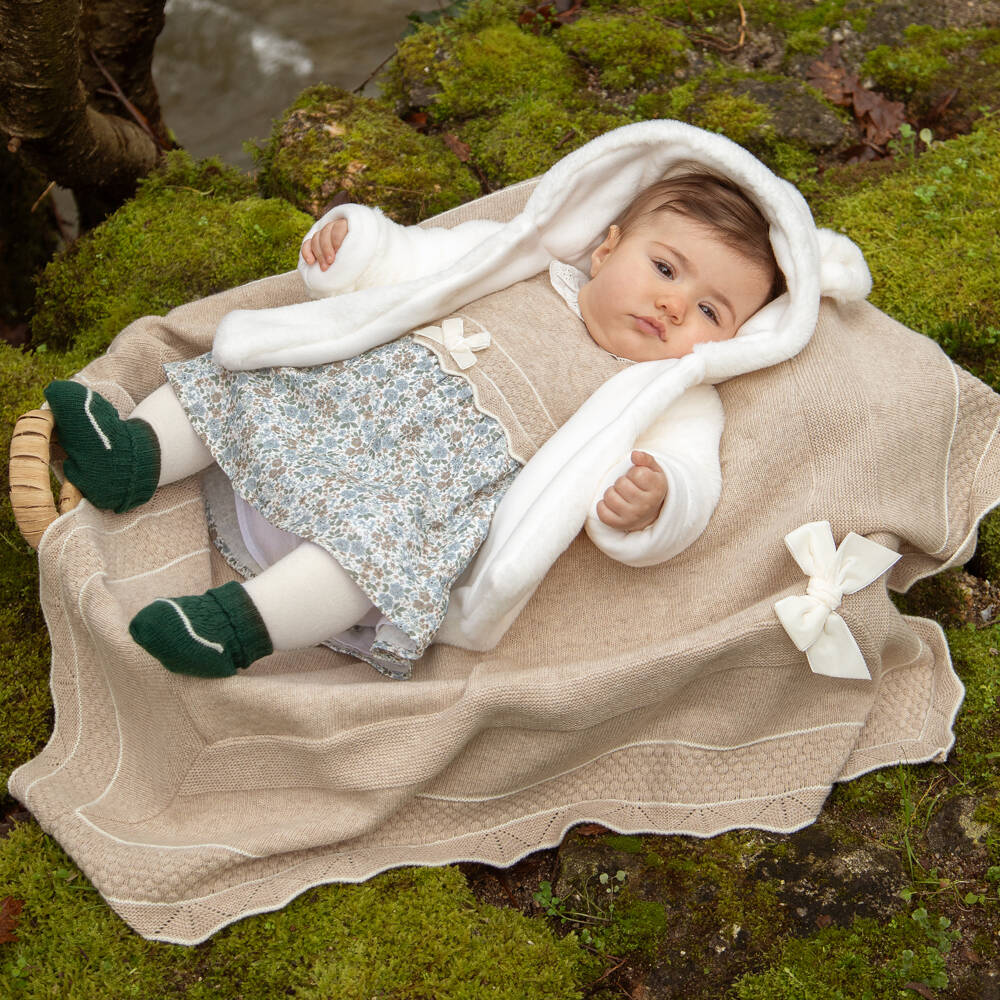Dr. Kid-Baby Girls Beige Knitted Blanket with Velvet Bow (84cm) | Childrensalon Outlet