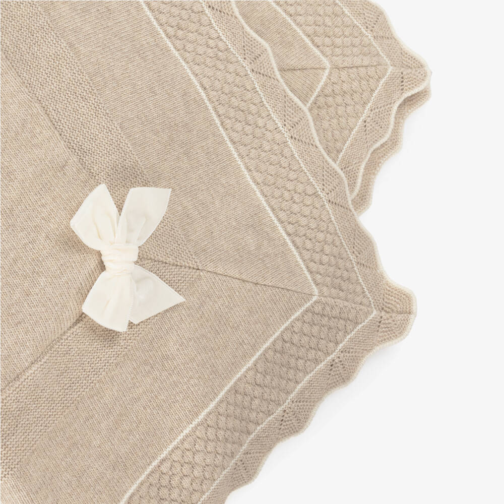 Dr. Kid-Baby Girls Beige Knitted Blanket with Velvet Bow (84cm) | Childrensalon Outlet