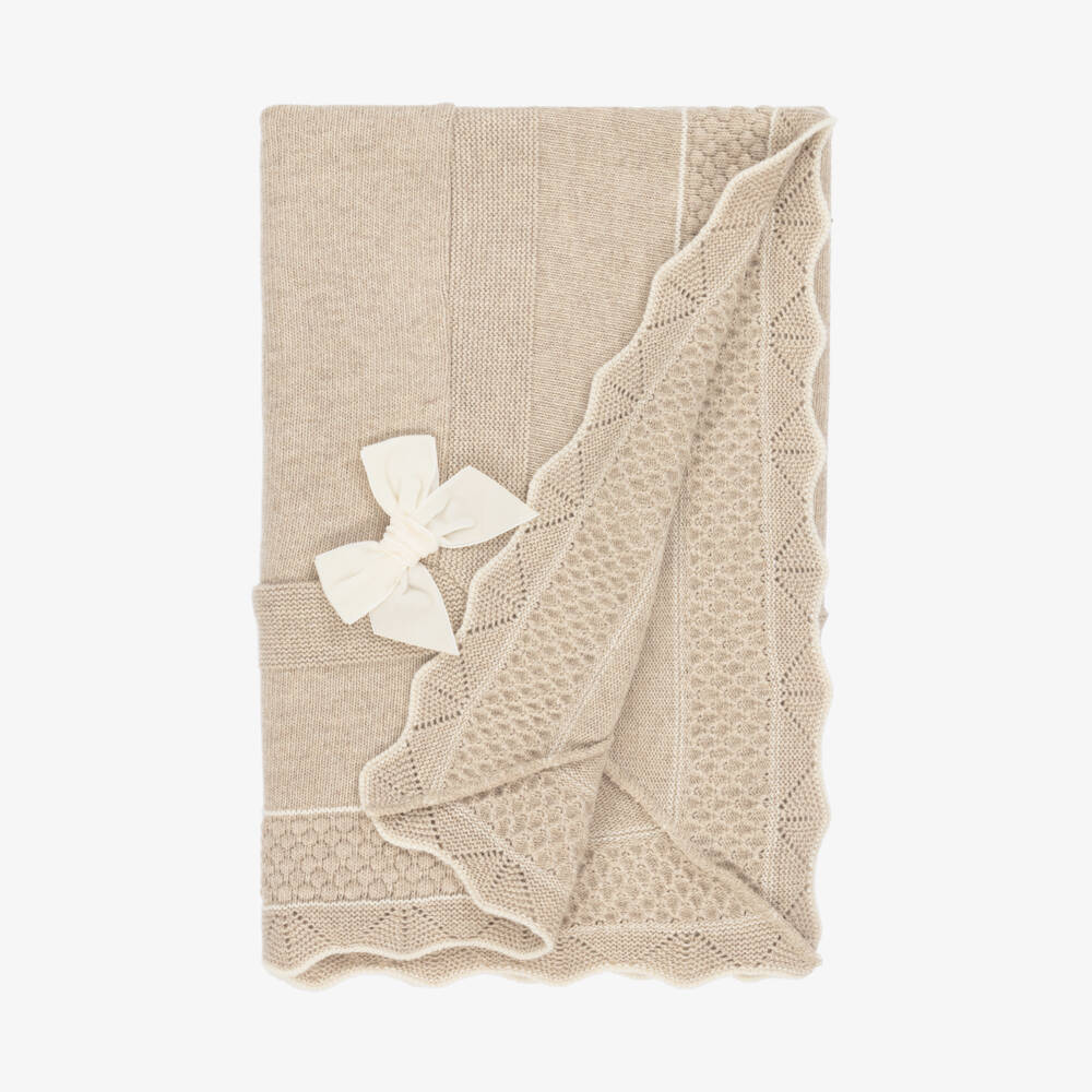 Dr. Kid-Baby Girls Beige Knitted Blanket with Velvet Bow (84cm) | Childrensalon Outlet