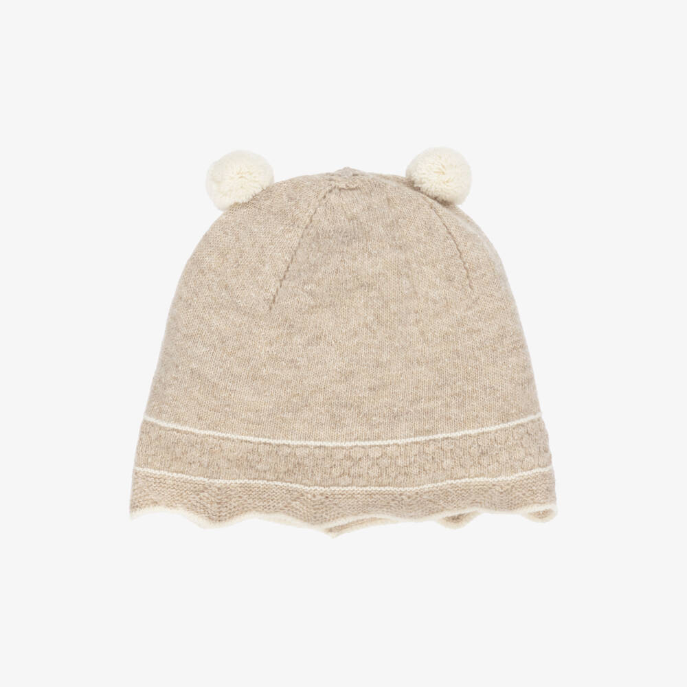 Dr. Kid-Baby Girls Beige Wool & Cotton Knit Hat with Pom-Poms | Childrensalon Outlet