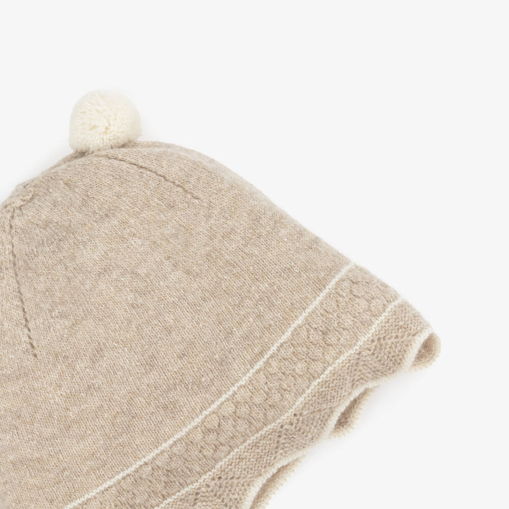 Dr. Kid-Baby Girls Beige Wool & Cotton Knit Hat with Pom-Poms | Childrensalon Outlet