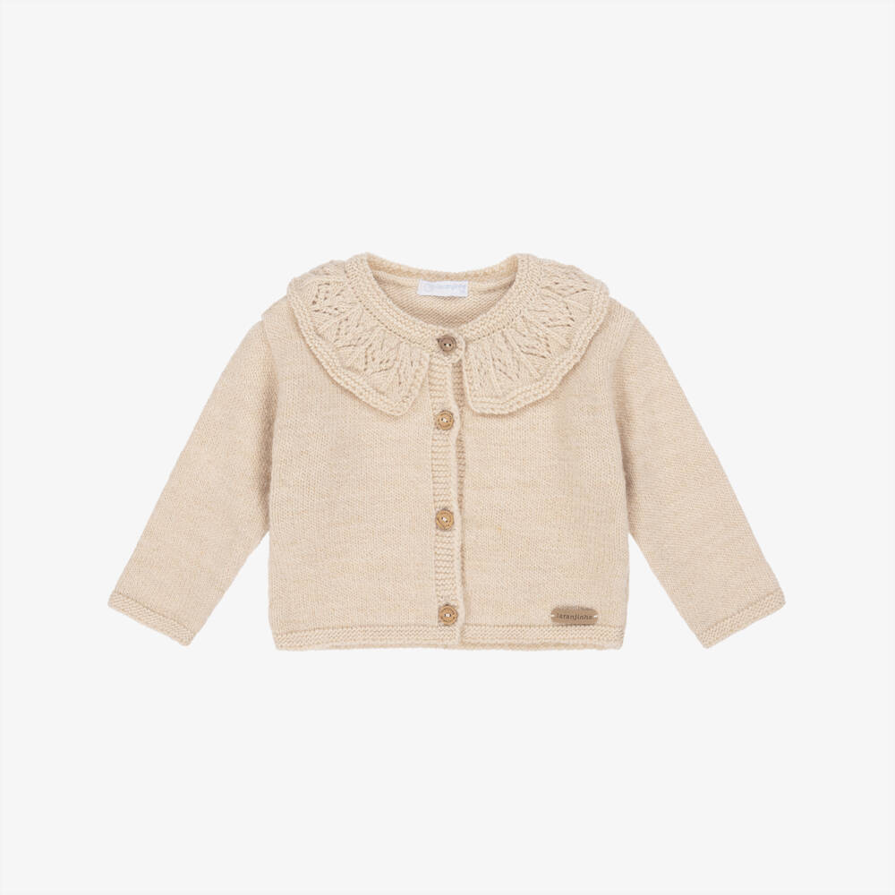 Laranjinha-Baby Girls Beige Wool Knit Cardigan with Patterned Collar | Childrensalon Outlet