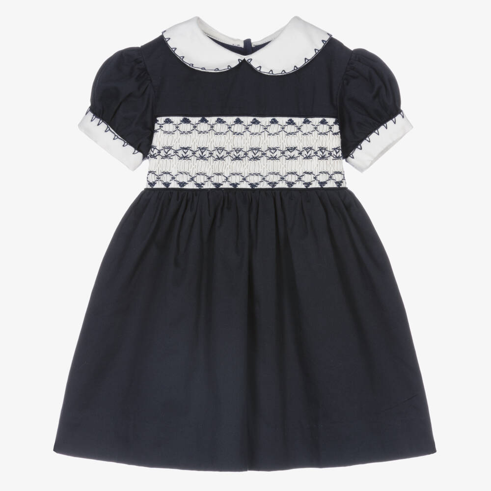 Rachel Riley-Baby Girls Blue Cotton Hand-Smocked Dress | Childrensalon Outlet