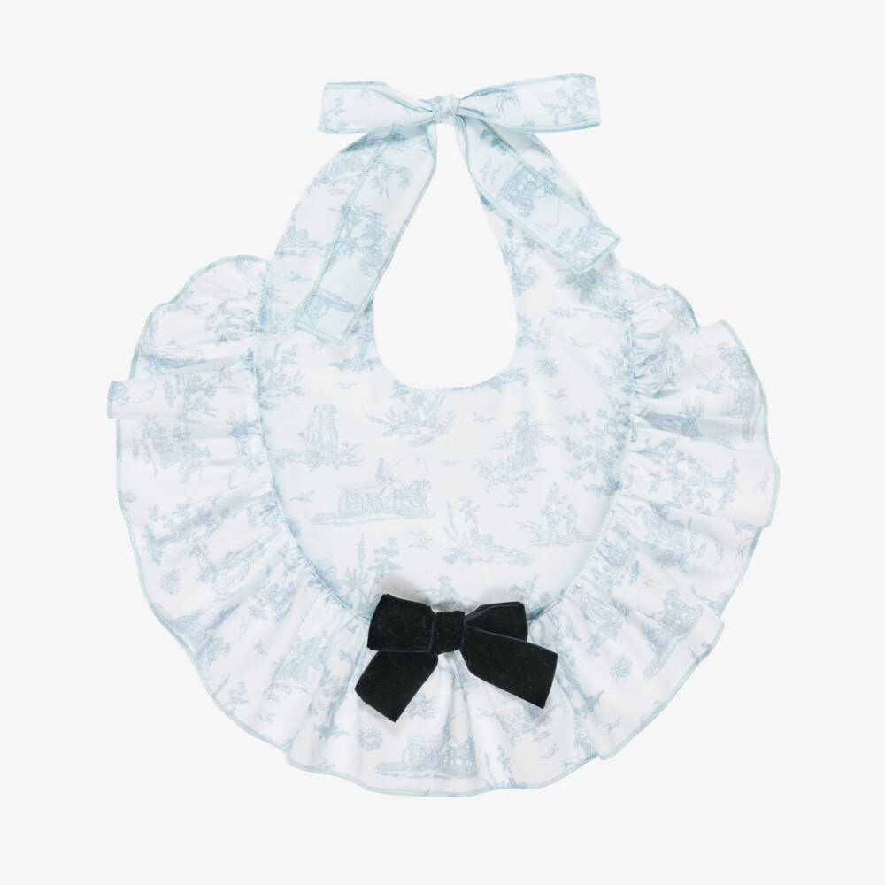Phi Clothing-Baby Girls Blue Cotton Toile de Jouy Bib with Velvet Bow | Childrensalon Outlet