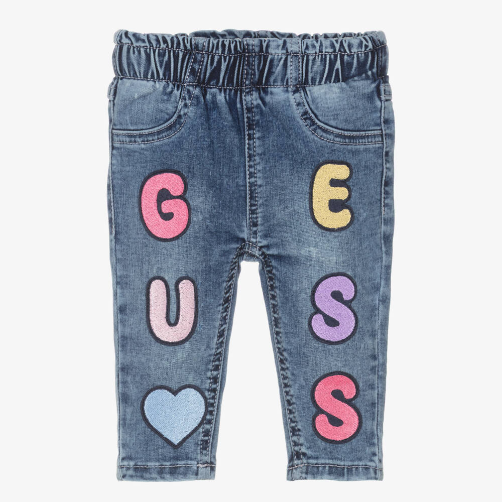 Guess-Baby Girls Blue Denim Jeggings with Colourful Logo Patches | Childrensalon Outlet